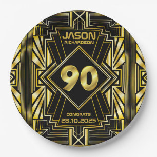 Plato De Papel 90 cumpleaños Art Deco Oro Gran Gatsby Negro
