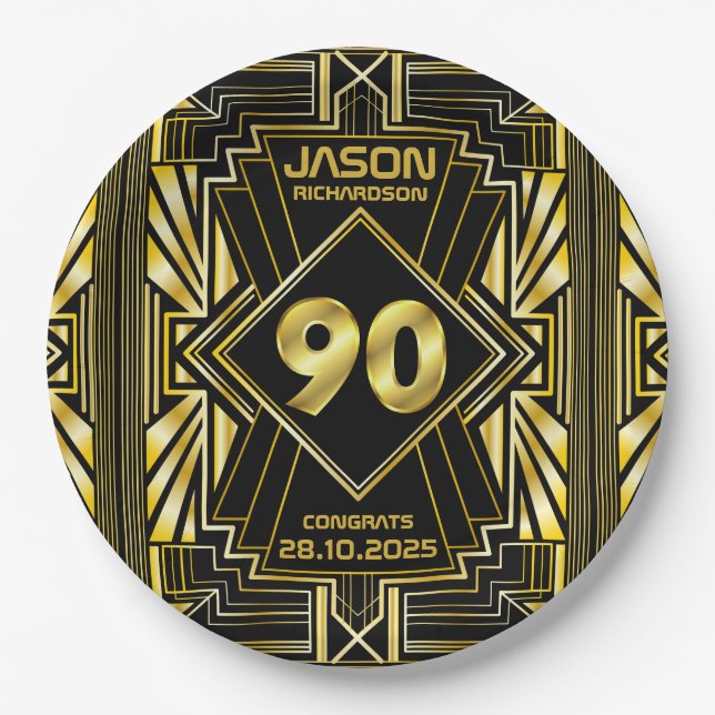 Plato De Papel 90 cumpleaños Art Deco Oro Gran Gatsby Negro (Anverso)