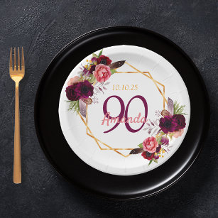 Plato De Papel 90 cumpleaños fiesta de oro blanco geo floral borg