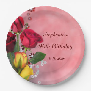 Plato De Papel 90.o cumpleaños elegante de los rosas rojos y