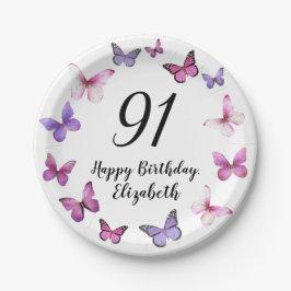 Plato De Papel 91st Birthday Pink Purple Butterflies 