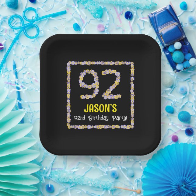 Plato De Papel 92º cumpleaños: número de flores florales, nombre  (Fiesta)