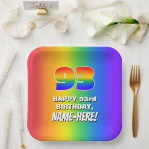 Plato De Papel 93.º cumpleaños: Patrón arcoiris colorido y div