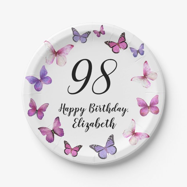 Plato De Papel 98th Birthday Pink Purple Butterflies  (Anverso)