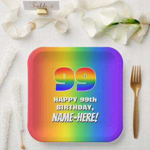 Plato De Papel 99º cumpleaños: Patrón arcoiris colorido y dive