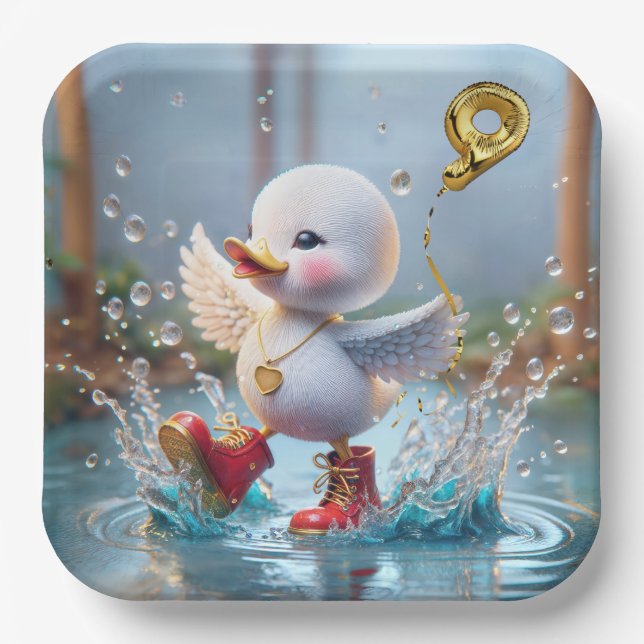 Plato De Papel 9.º Pato de Cumpleaños Bailando en un charco de ll (Anverso)
