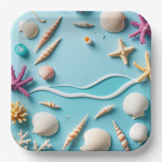 Plato De Papel 9-Inch Square Paper Plate with Sea Life Design – 