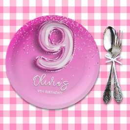 Plato De Papel 9th Birthday Girl with Number Balloon Party