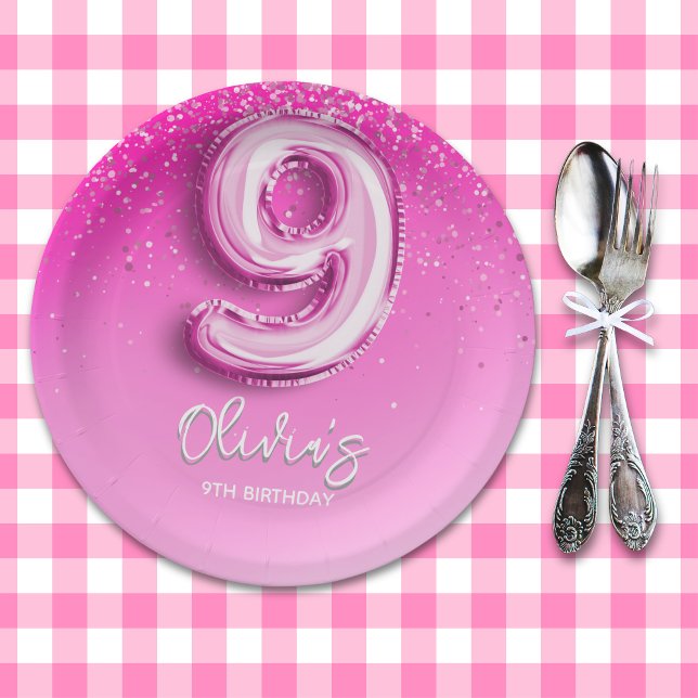 Plato De Papel 9th Birthday Girl with Number Balloon Party (Subido por el creador)