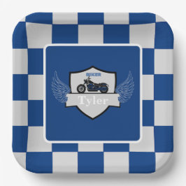 Plato De Papel A cuadros azules y grises y motocicleta
