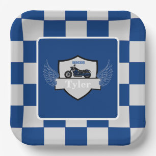 Plato De Papel A cuadros azules y grises y motocicleta