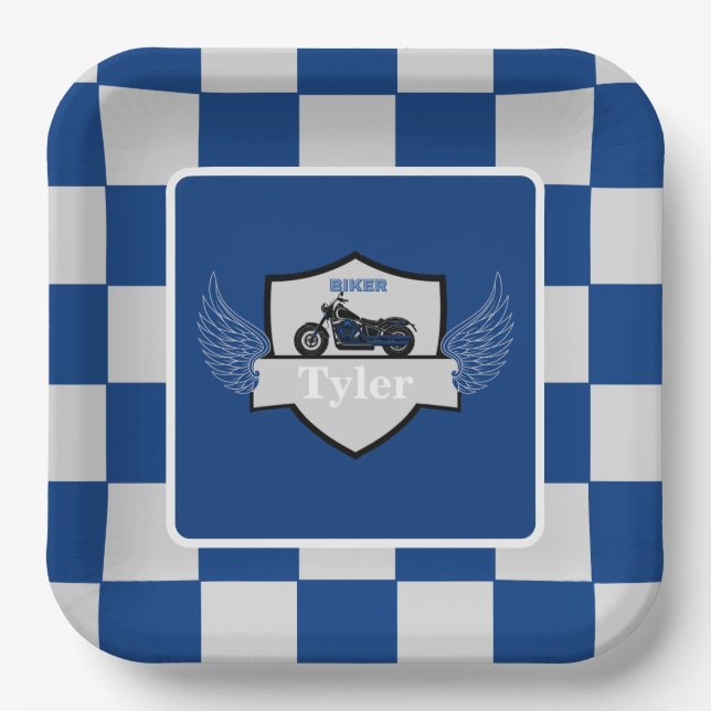 Plato De Papel A cuadros azules y grises y motocicleta (Anverso)