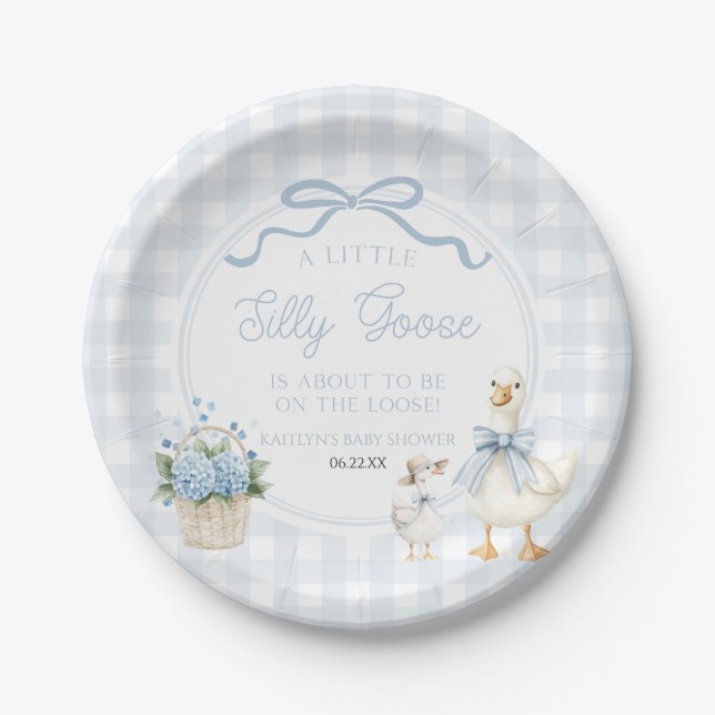 Plato De Papel A Little Silly Goose Blue Floral Bow Baby Shower (Anverso)