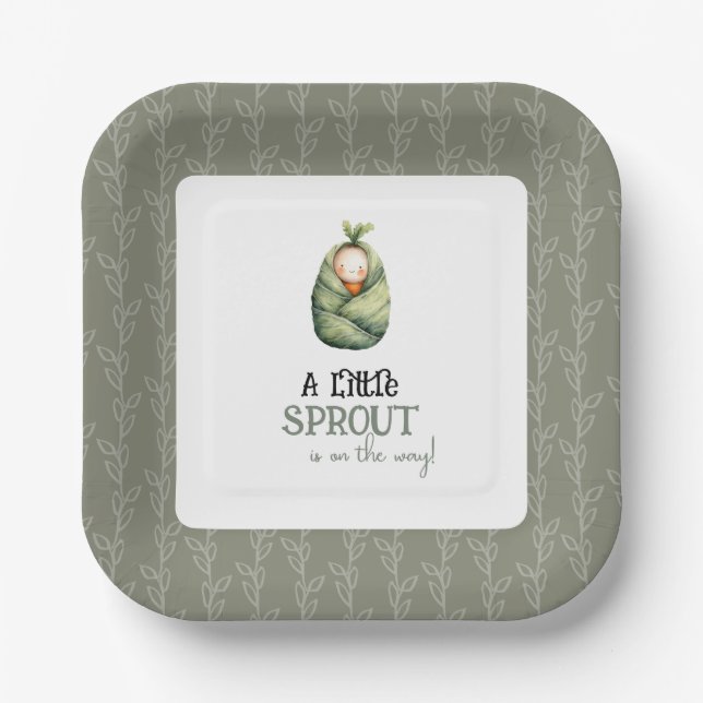 Plato De Papel A Little Sprout on the Way Baby Shower Invitation  (Anverso)