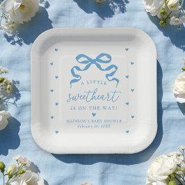 Plato De Papel A Little Sweetheart Blue Bow Baby Shower