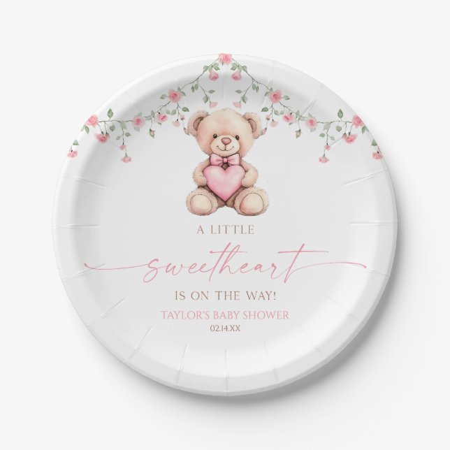 Plato De Papel A Little Sweetheart Pink Teddy Bear Baby Shower (Anverso)