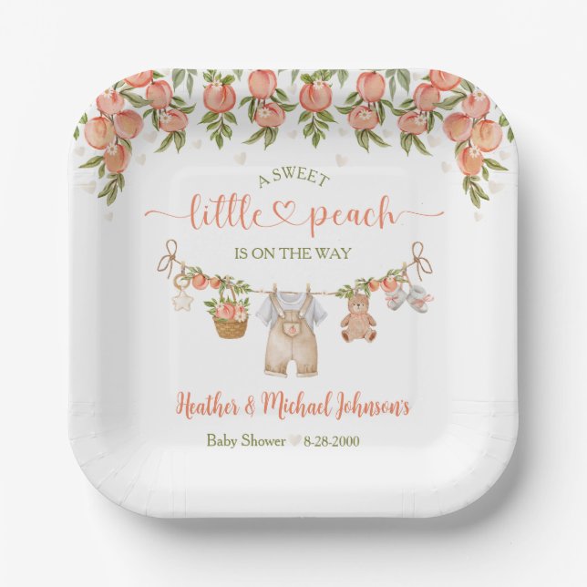 Plato De Papel A Sweet Little Peach Clothesline Boy Baby Shower (Anverso)