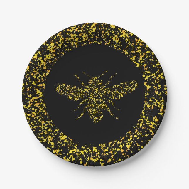 Plato De Papel Abeja amarilla Pintura salpicada  (Anverso)