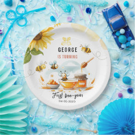 Plato De Papel Abeja amarilla y girasol 1 cumpleaños
