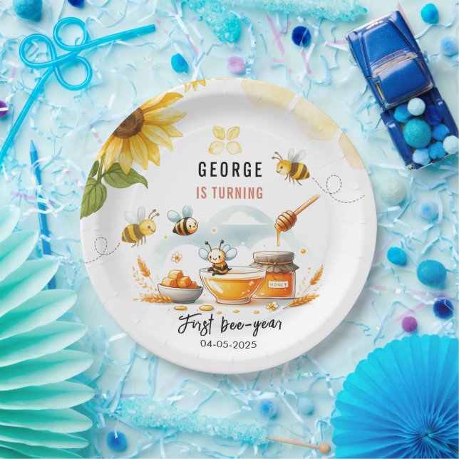 Plato De Papel Abeja amarilla y girasol 1 cumpleaños (Fiesta)