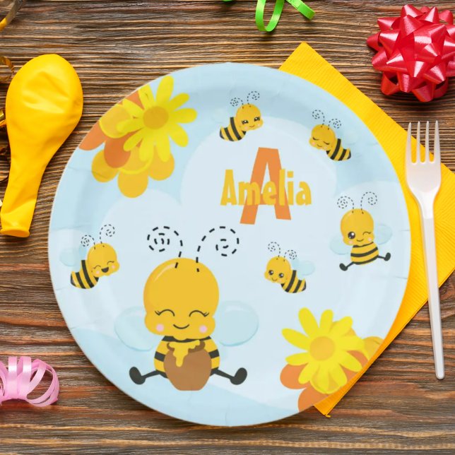 Plato De Papel Abeja de burbuja feliz con flores niño pequeño (Subido por el creador)