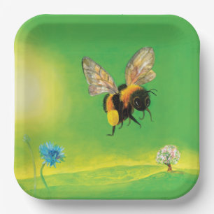 Plato De Papel Abeja de burbujas volando sobre un prado florecien