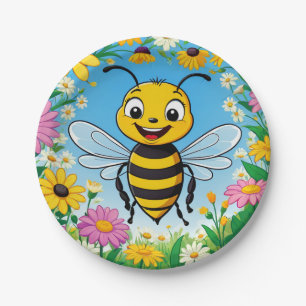 Plato De Papel Abeja de Dibujos Animados Flores Coloridas
