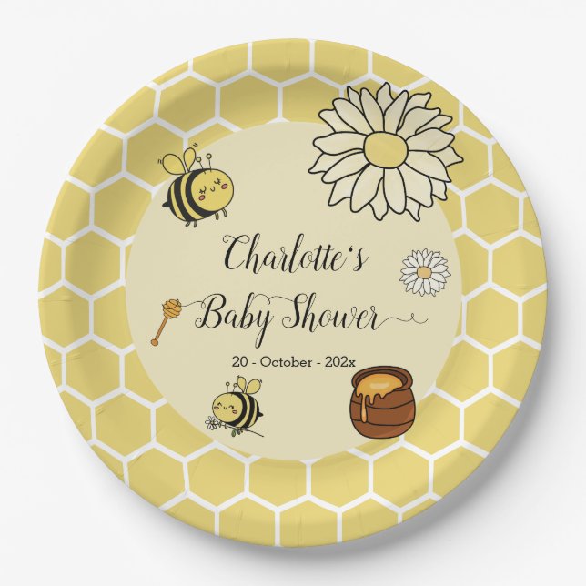 Plato De Papel Abeja dulce con dulce miel Baby Shower (Anverso)