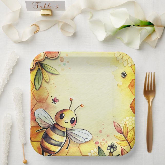 Plato De Papel Abeja Feliz Panal Abejorro (Boda)