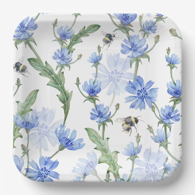 Plato De Papel Abeja Floral Azul (Anverso)