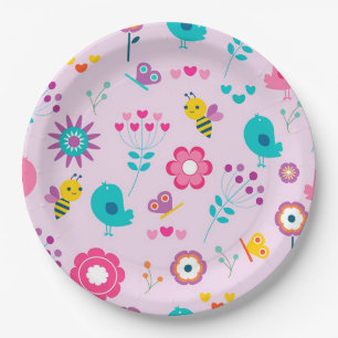 Plato De Papel Abejas, aves y mariposas con flores