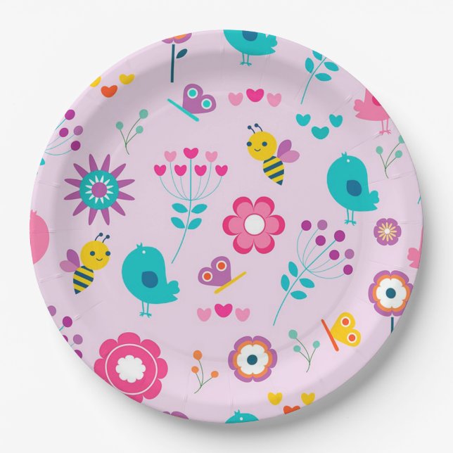 Plato De Papel Abejas, aves y mariposas con flores (Anverso)