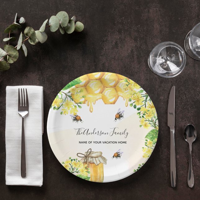 Plato De Papel Abejas de burbujas miel floros amarillos monograma (Subido por el creador)