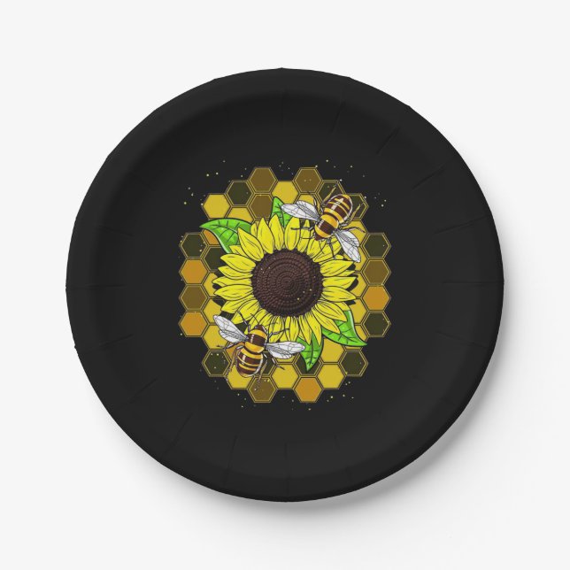 Plato De Papel Abejas de girasol hippie (Anverso)