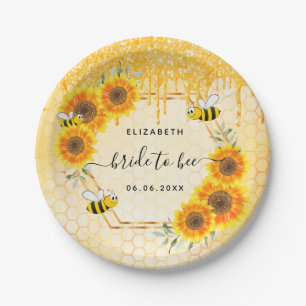 Plato De Papel Abejas regaderas girasoles brillo dorado despedida