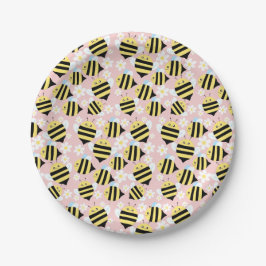 Plato De Papel Abejas Y Flores Blancas