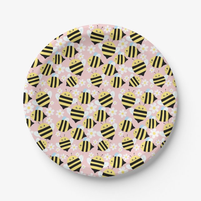 Plato De Papel Abejas Y Flores Blancas (Anverso)