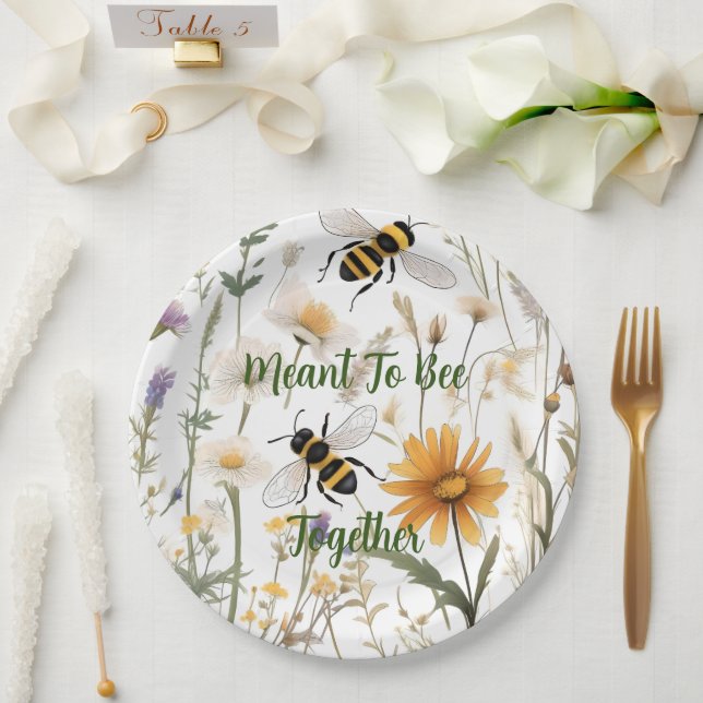 Plato De Papel Abejas Y Flores Silvestres Hechas Para Estar Junta (Boda)