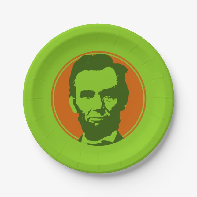 Plato De Papel Abraham Lincoln en Naranja de Arte Pop y Verde (Anverso)