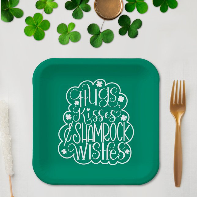 Plato De Papel Abrazos, besos y saludos de Shamrock San Patricio (Subido por el creador)