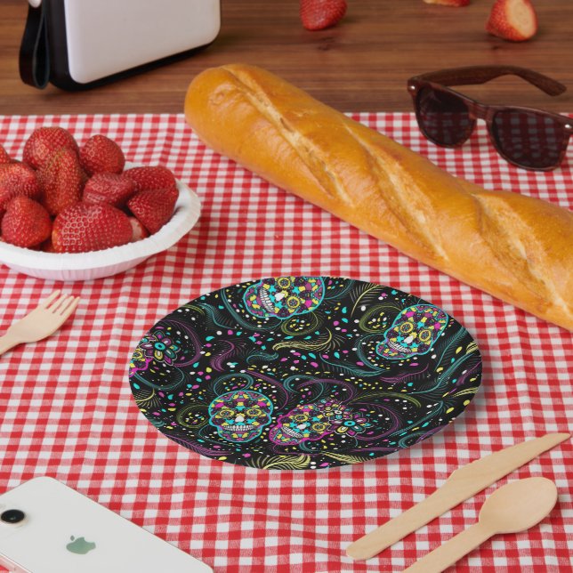 Plato De Papel Abstract Colorful Spooky Skulls Halloween (Picnic)