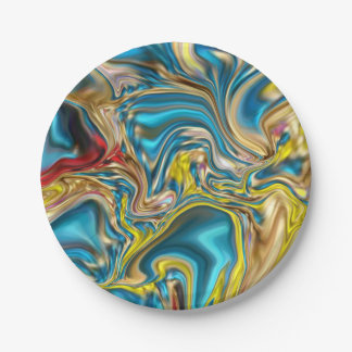 Plato De Papel abstract marble swirls yellow teal turquoise blue
