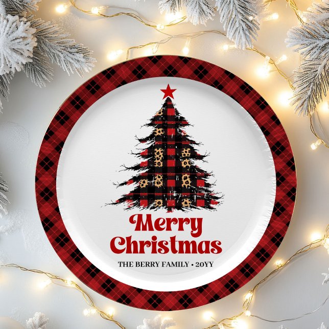 Plato De Papel Abstract Plaid Tree Holiday Custom Name Paper   (Abstract Plaid Tree Holiday Custom Name Paper Plates)