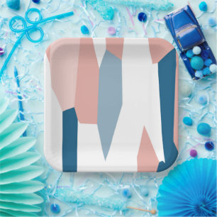 Plato De Papel Abstracto Rosa Azul y Blanco