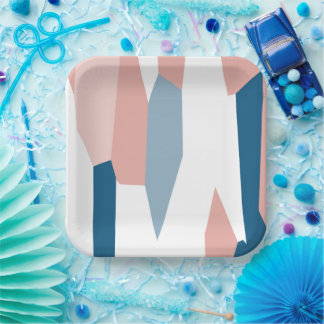 Plato De Papel Abstracto Rosa Azul y Blanco