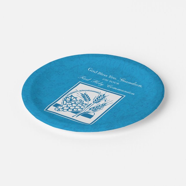 Plato De Papel Abuelo Primera Comunión Azul, Trigo, Uvas (Angular)