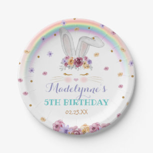 Plato De Papel Abundancia arcoiris Acuarela Floral Bunny Cumpleañ