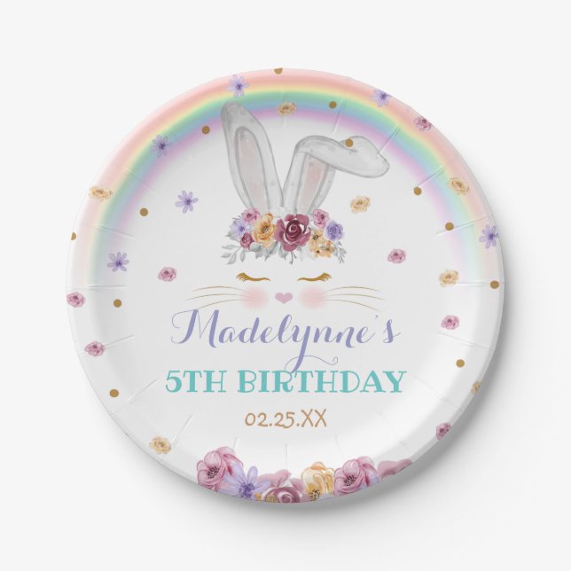 Plato De Papel Abundancia arcoiris Acuarela Floral Bunny Cumpleañ (Anverso)