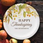 Plato De Papel Acción de Gracias Personalizada<br><div class="desc">Estas placas de papel de Acción de Gracias están decoradas con hojas de acuarela en tonos otoño y tipografía elegante de escritura marrón. Personalizable fácil. Acuarela original © Michele Davies.</div>