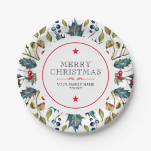 Plato De Papel Acebo de Navidad acuarelas modernas
